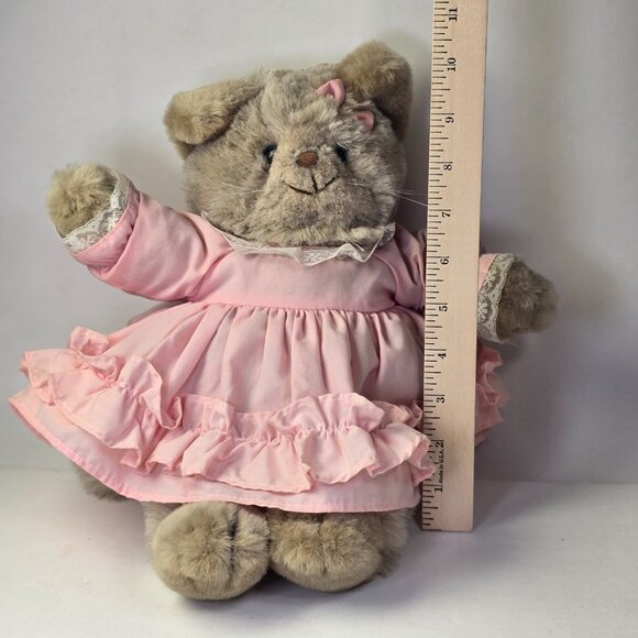 Vintage Kitten Plush Pink Dress Bow Stuffed Animal Toy Cat Kitty Ruffles 13 inch - Picture 11 of 13